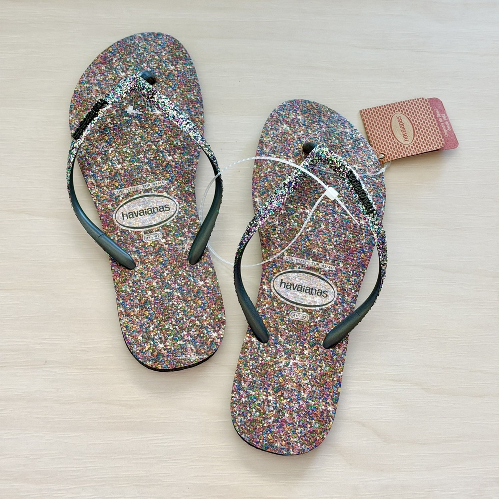 NEW Havaianas Black Glitter Carnaval Slim Flip Flop Sandals 11 / 12 41 - 42 NWT